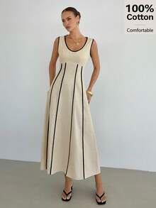 Siren Gaze 女士撞色滚边收腰无袖连衣裙，亚麻休闲收腰喇叭连衣裙，100%纯棉夏季连衣裙 - 杏色 - 查看 5