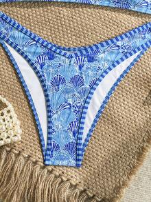 Swim Mod Set de 2 piezas de bikini para mujer, elementos aleatorios de colores del océano y tirantes con conchas, diseño con ribete geométrico de contraste - Multicolor - Ver 8