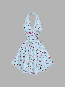 MOD Vestido de mujer con cuello halter, cintura fruncida y estampado de cerezas - Azul - Ver 5