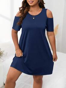 SHEIN LUNE 大码纯色圆领短袖露肩简约设计夏季连衣裙 - 寶藍色 - 查看 1