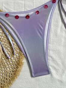 Swim SXY Iridescent Foil Mother-Of-Pearl Button Halter Sexy Swimsuit Set For Women - Purple - View 11