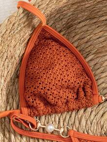 Swim Vcay Chocolate Brown Summer Halter Mesh Triangle Bikini For Women,Pearl Buckle Swimwear,Casual Tropical Vacation Holiday Beach Vacation Boat Trip Swimsuit - Burnt Orange - View 6