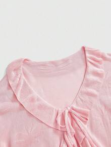 ROMWE Kawaii Plus Size Butterfly Pattern Flared Sleeve Ruffled Hem Cropped Knit Cardigan - Pink - View 3