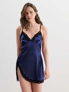 Hourtrue Women's Nightgown, Mature Floral Print Satin Lace Trim Sleepwear Dress, V-Neck Criss-Cross Open Back Spaghetti Strap Slip Dress, Comfortable Robefor Summer - Royal Blue - View 1