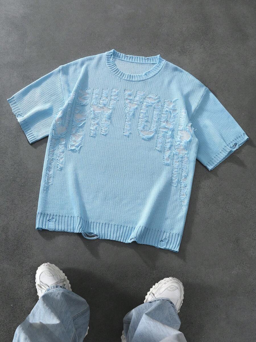 Manfinity EMRG Men's Casual Streetwear Light Blue Short Sleeve Ripped Letter Knitwear Round Neck Regular Hem Top Holiday Summer - Baby Blue - View 1