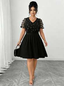 Elenzga Plus Size V-Neck Short Sleeve Floral Patchwork Elegant Fashion Dress For Women - Black - View 5