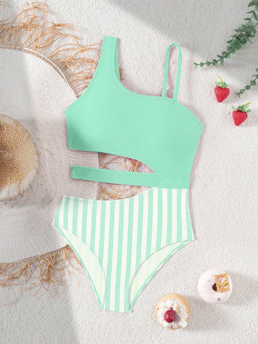 SHEIN Traje de baño de una pieza con parches a rayas para niña preadolescente, adecuado para vacaciones en la playa, fiestas en la piscina y fiestas en la playa - verde menta - Ver 1