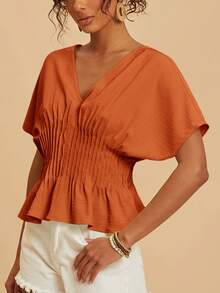 Travachic Women's Solid Color V-Neck Short Sleeve Ruched Waist Summer Top - Burnt Orange - View 5