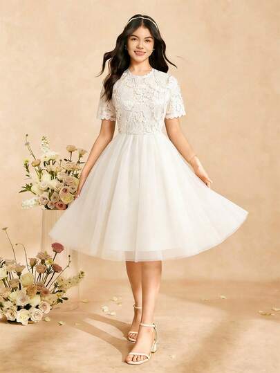 Elegant & Playful Lace Contrast Mesh High Neck Short Sleeve Mini Dress, Suitable For Weddings, Parties, Birthdays, Banquets, All Seasons