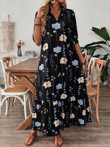 Vestido casual y elegante de cuello en V con estampado, volantes en el bajo y cordón ajustable para vacaciones - Multicolor - Ver 4
