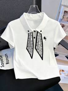 GlowEve 女士时尚休闲翻领铆钉围巾装饰印花短袖T恤 - 白色 - 查看 1