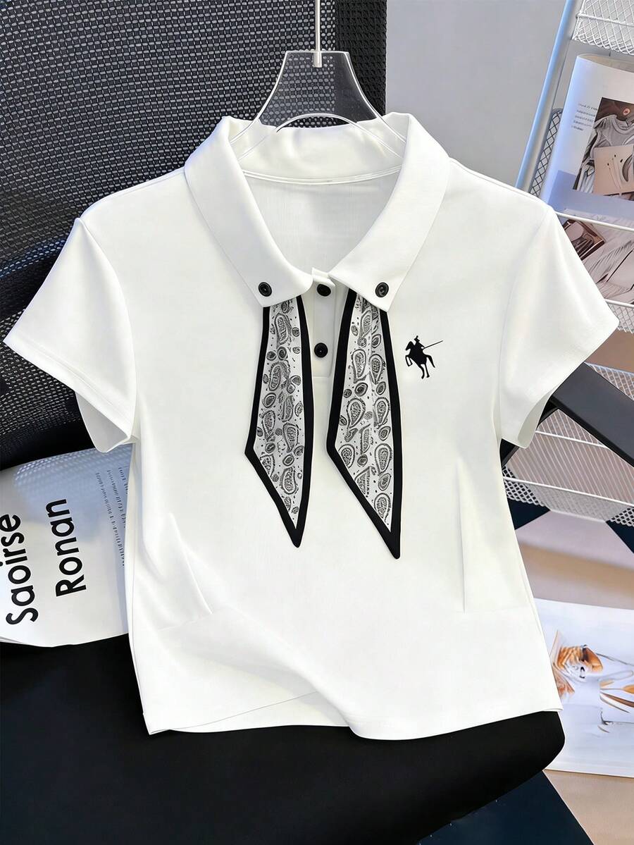 GlowEve 女士时尚休闲翻领铆钉围巾装饰印花短袖T恤 - 白色 - 查看 1