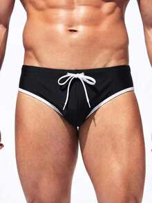 Manfinity Swimmode 男士黑白撞色滚边三角泳裤 - 黑色 - 查看 5