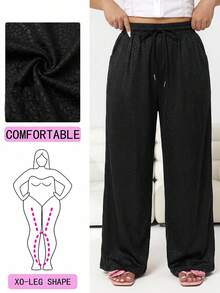 SHEIN EZwear 大码女式抽绳腰带口袋阔腿宽松休闲裤 - 黑色 - 查看 1
