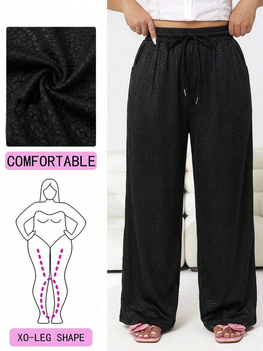 SHEIN EZwear 大码女式抽绳腰带口袋阔腿宽松休闲裤 - 黑色 - 查看 1