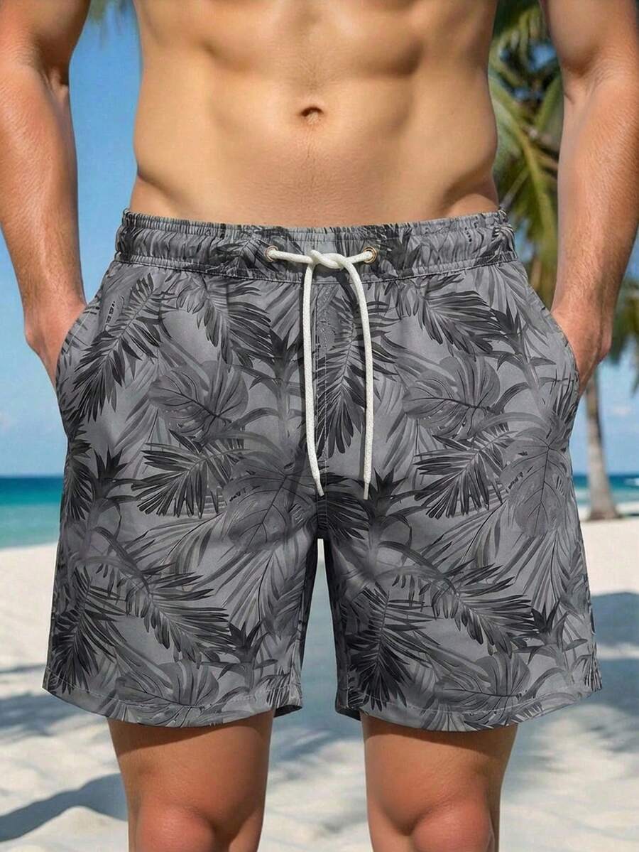 Solantero 男士热带植物印花抽绳腰带时尚定位沙滩短裤 - 淺灰色 - 查看 1