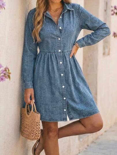 SHEIN LUNE Đầm denim dài tay đơn sắc tối giản dành cho nữ