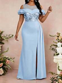 大码优雅派对亮片拼接露肩连衣裙 - 藍色 - 查看 1