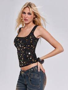 ROMWE Summer Spring Y2K Sexy Baddie Party Golf Music Festival Sequin Embroidered Racerback Tank Top For Women Pastal - Black - View 6