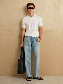 Manfinity Homme 男士休闲商务日常通勤简约百搭纯色纹理面料短袖针织上衣 - 白色 - 查看 7