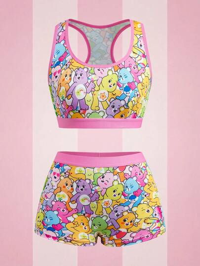 SHEIN X Care Bears Conjunto de ropa interior de camiseta y pantalones cortos con estampado de dibujos animados para mujer