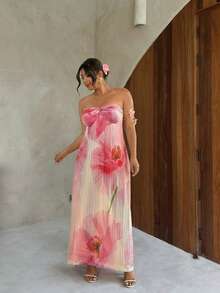 Firerie 大码女士优雅浪漫度假褶皱长裙，度假风扎染印花婚礼季性感沙滩西部度假音乐节夏季波西米亚风长裙 - 彩色 - 查看 7