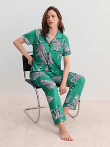 Bộ đồ ngủ nữ in họa tiết da báo, có áo ngắn tay cổ bẻ và quần vừa vặn, quần áo ngủ nữ giải trí và đồ mặc đi nhà - Màu xanh Cadet - Xem 1