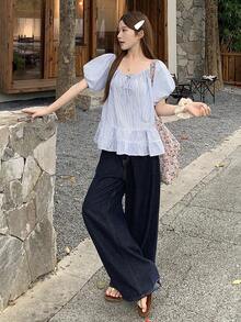 DAZY Áo thun nữ tay ngắn cổ tròn kẻ sọc, kiểu dáng thường ngày, thích hợp mặc mùa hè. - Màu xanh lam - Xem 2