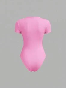 SHEIN BASICS Body de punto de unicolor casual con cuello redondo y manga corta para mujer, atuendo de verano para mujer - Rosa - View 2