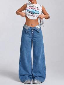 Asymmetrical Waist Wide Leg Jeans Night Out Aqua Blue Summer Y2k - Dark Wash - View 4