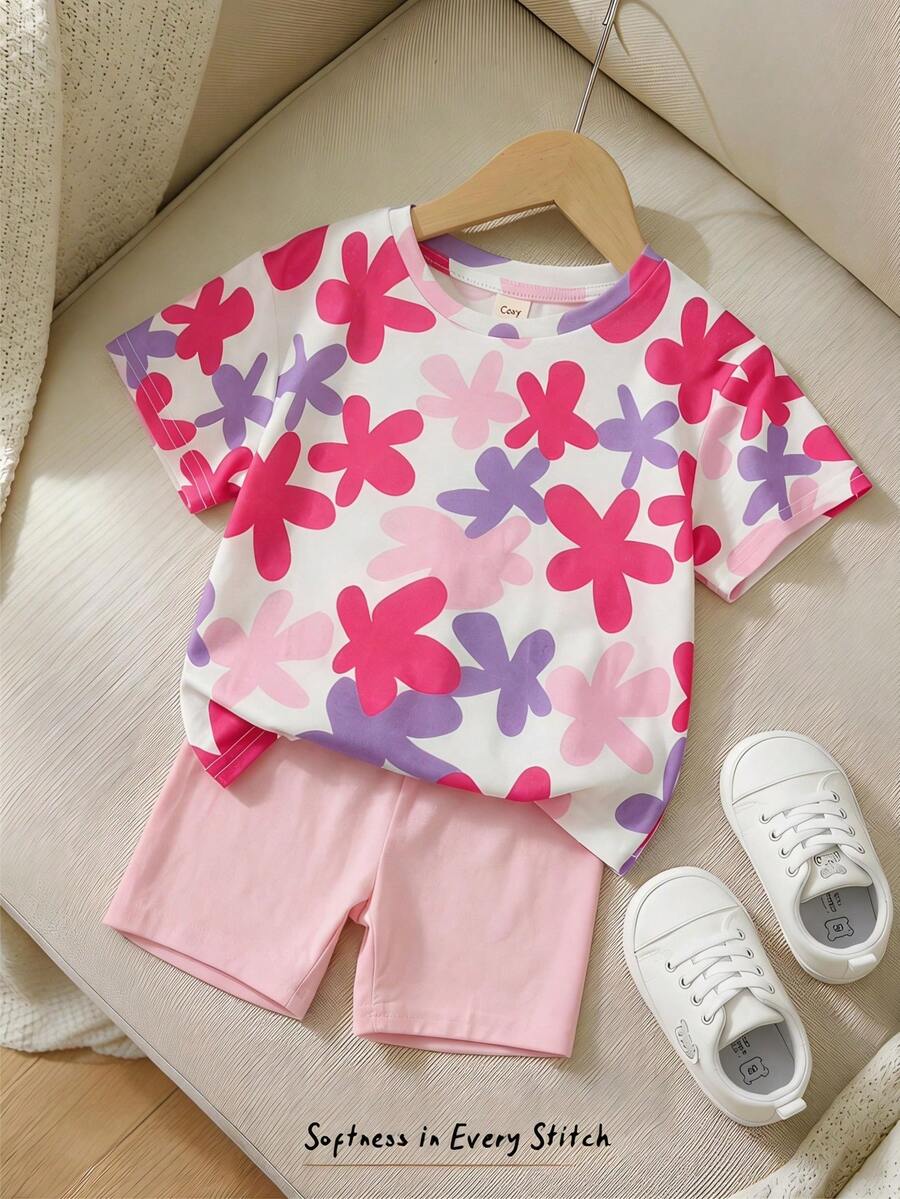 Cozy Pixies 2件套女婴碎花针织柔软圆领短袖上衣和松紧腰短裤套装 - 彩色 - 查看 1