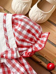 Cozy Pixies Vestito dolce e carino da bambina con fiocco decorativo, colletto blu navy a contrasto, maniche a palloncino a quadri rossi, vita stretta, stile pastorale, adatto per uscite e vacanze - Rosso - Visualizzare 6