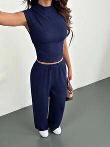 SHEIN Tall 女士夏季纯色立领褶皱上衣和裤子两件套，休闲女装运动服，女士夏季服装，女士夏季休闲套装，棕色两件套，女士两件裤装，女士休闲两件套，舒适两件套，棕色裤装，女士棕色连体裤两件套 - 藏蓝色 - 查看 4