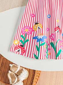 SHEIN Playful Pals 女婴服装 女婴连衣裙 全花卉图案 吊带蝴蝶结 夏季优雅清新连衣裙 - 西瓜粉 - 查看 5