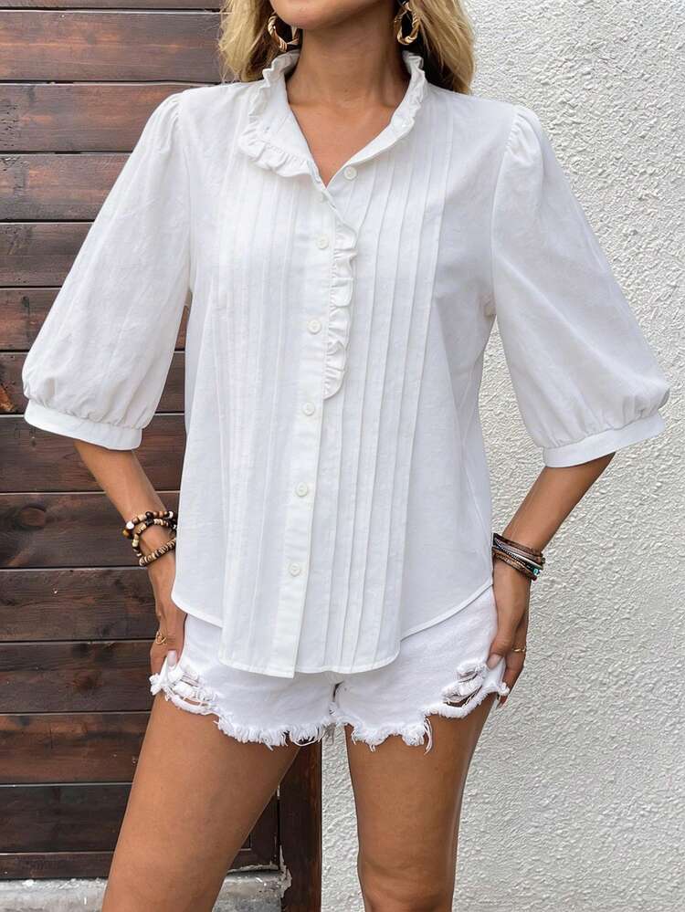 Plus Size Casual Solid Color Petal Sleeve Shirt