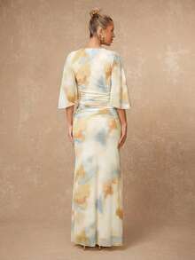 Lumalex Đầm maxi nữ thanh lịch, lãng mạn, phong cách nghỉ dưỡng, nền trắng, in họa tiết nhuộm tie-dye, cổ tròn, tay loe, xếp ly, trang trí cúc kim loại và ruy băng, thích hợp cho kỳ nghỉ xuân/hè và các bữa tiệc. - Nhiều màu - Xem 3