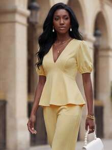 Women's Cream Yellow Princess Sleeve Slimming V-Neck Blouse + Straight Leg Pants 2 Pieces Commuter Set - Light Yellow - View 5