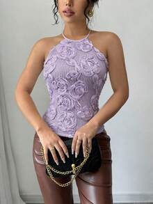 Selianne 女款紫色花卉掛脖綁背上衣，夏季優雅約會款，修身波西米亞風，度假海灘度假村穿搭，正式派對上衣 - 淡紫色 - 查看 3