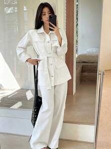 DAZY 女士长袖单排扣多口袋牛仔外套和阔腿牛仔裤休闲套装 - 白色 - 查看 6