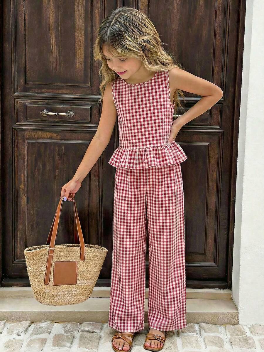 Serisse Kids Conjunto de top de tirantes y pantalones con estampado de cuadros para niñas preadolescentes, verano - Rojo - Ver 1