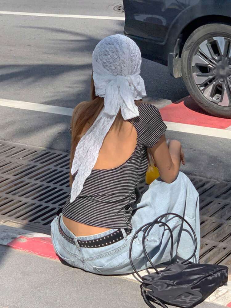 Women's Striped Backless Button Half-Placket Short Sleeve Casual T-Shirt