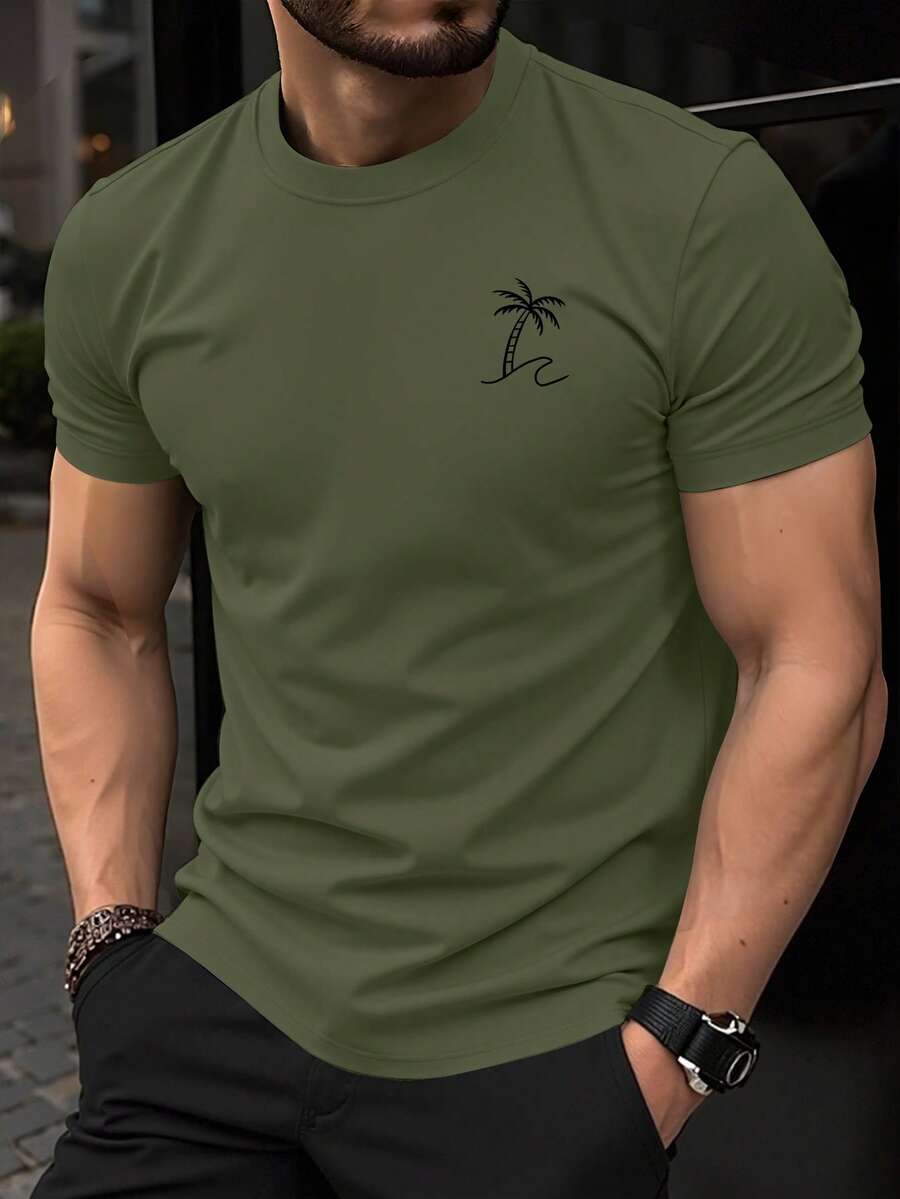 Manfinity Homme Men's Casual Coconut Tree Print T-Shirt, Summer - Army Green - View 1