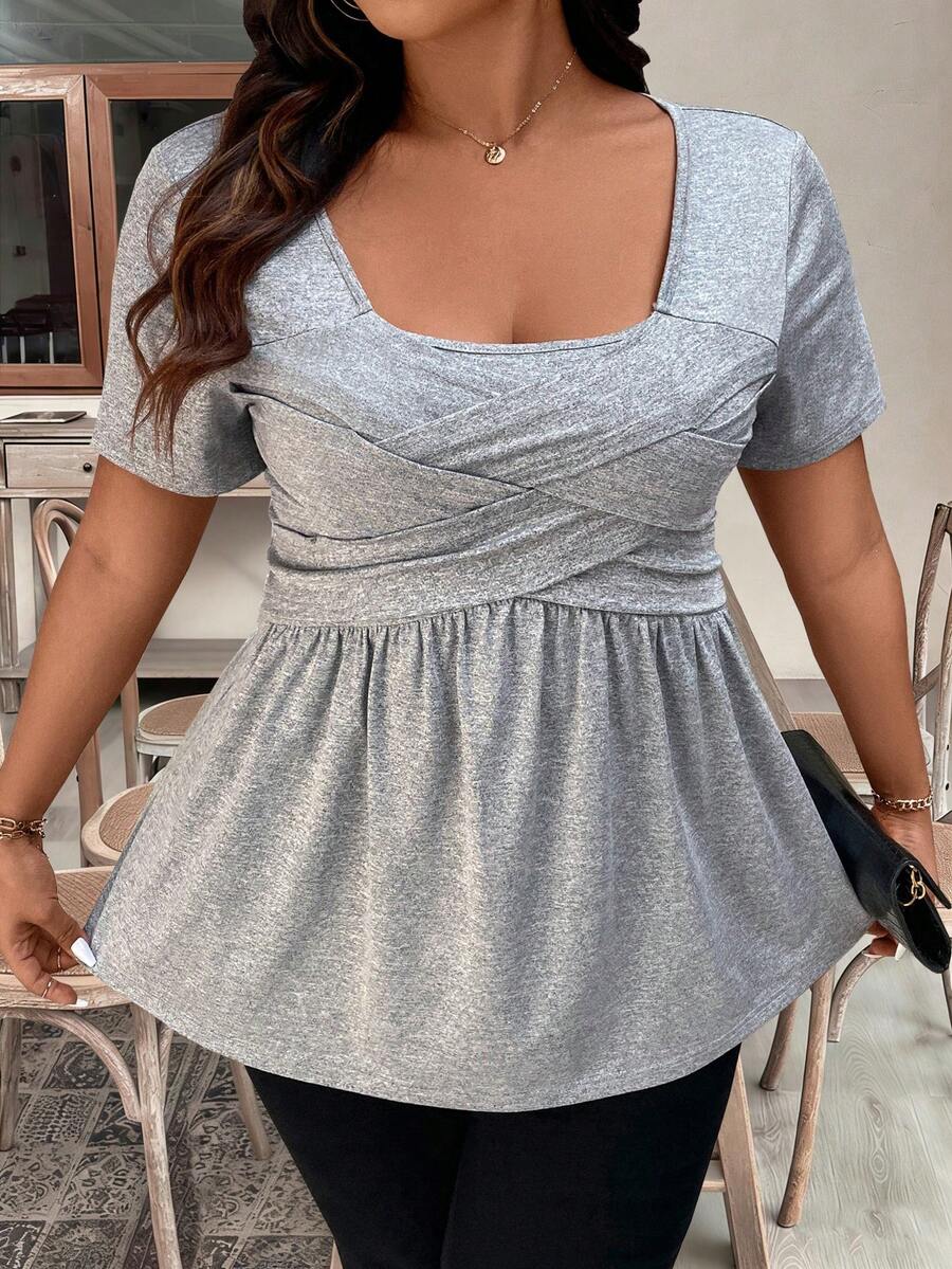 SHEIN CURVE+ Plus Size Stylish Short Sleeve T-Shirt, Flattering And Versatile For Commuting And Fashion - Light Grey - View 1