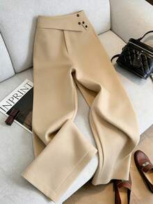 Elenzga Pantalones rectos con diseño de hebilla oblicua, pantalones holgados casuales y de oficina que estilizan la figura para mujeres - Caqui - Ver 4