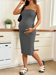 SHEIN Striped Tube Top Casual Dress For Pregnant Women, Suitable For Parties, Daily Wear And Outings - Black - View 8