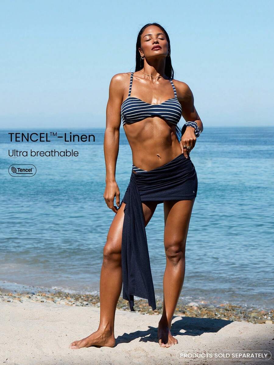 GLOWMODE Chân váy quấn TENCEL™-Linen dáng bất đối xứng, xếp ly, lót lưới xuyên thấu, kèm thắt lưng thả lỏng, thích hợp cho kỳ nghỉ hè, du lịch biển, mặc hàng ngày và thoải mái. - Màu xanh lam - Xem 1