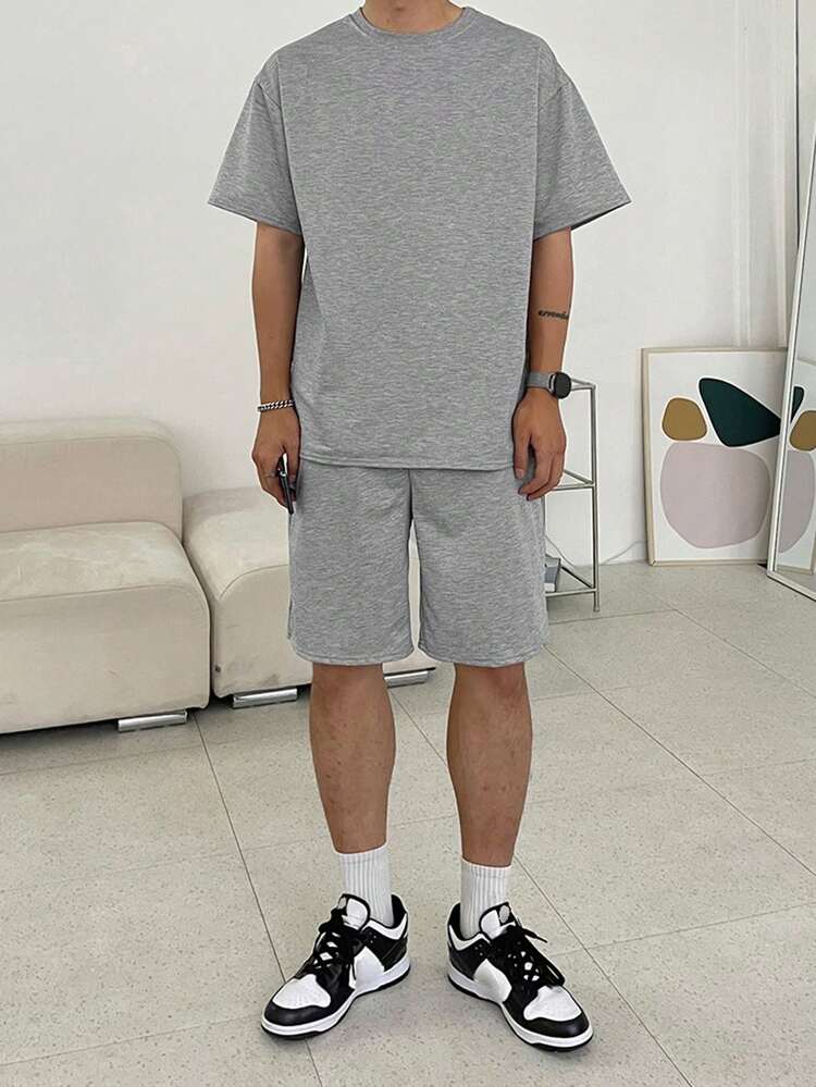 Men's Solid Gray Short Sleeve T-Shirt And Shorts Set, Summer