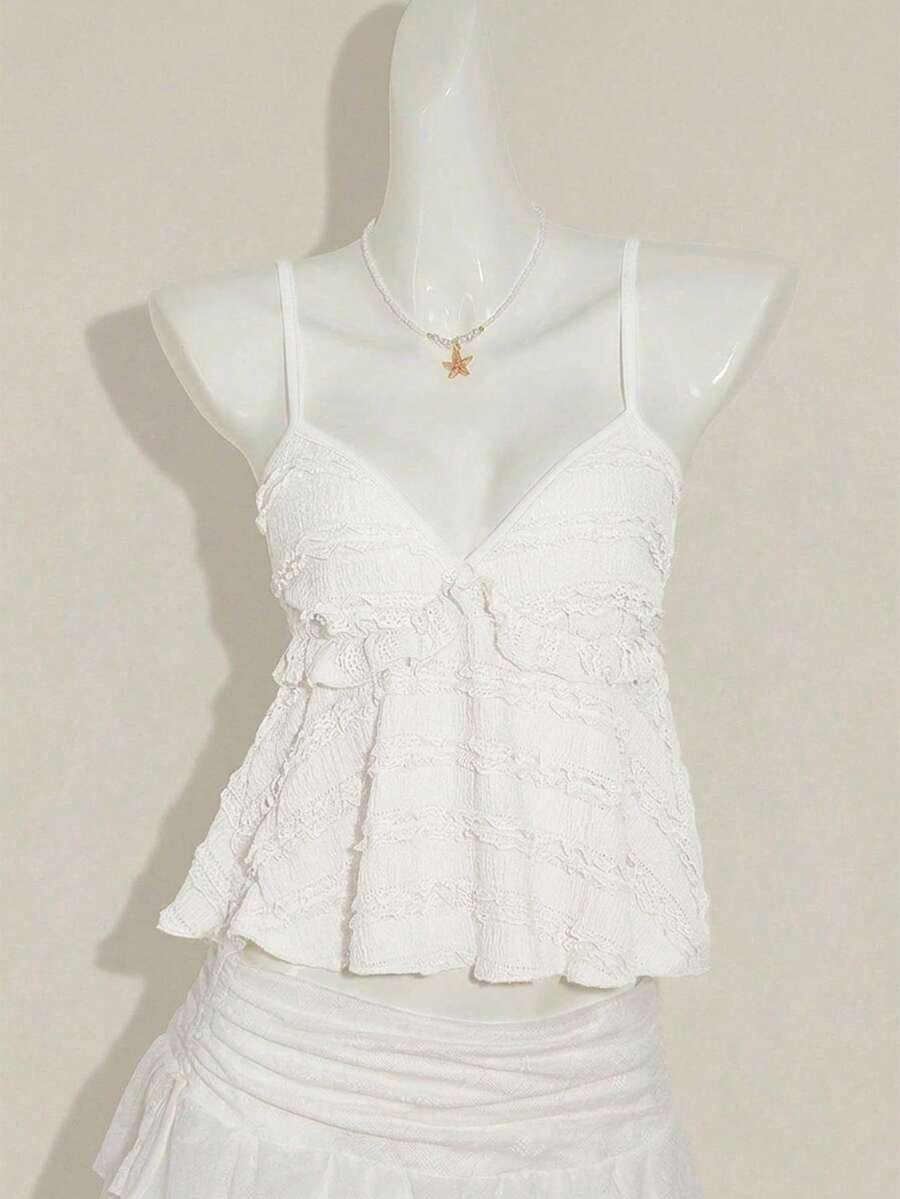 SHEIN 少女粉色蕾丝荷叶边吊带背心,优雅纯色蕾丝边吊带背心,适合夏季、度假、休闲、居家穿着,BM风格 - 白色 - 查看 1