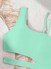 SHEIN Traje de baño de una pieza con parches a rayas para niña preadolescente, adecuado para vacaciones en la playa, fiestas en la piscina y fiestas en la playa - verde menta - Ver 3