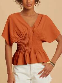 Travachic Women's Solid Color V-Neck Short Sleeve Ruched Waist Summer Top - Burnt Orange - View 4